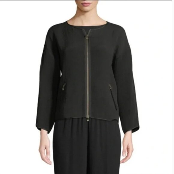 EILEEN FISHER black Silk Sponge round neck bracelet sleeve jacket with 2-way zip - Picture 8 of 8